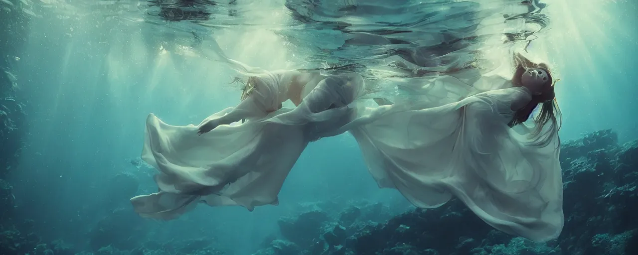 Prompt: beautiful female portrait, full body, diver in long flowy dress, underwater, cinematic volumetric lighting, soft bokeh, 8 k, by wlop, by ross tran