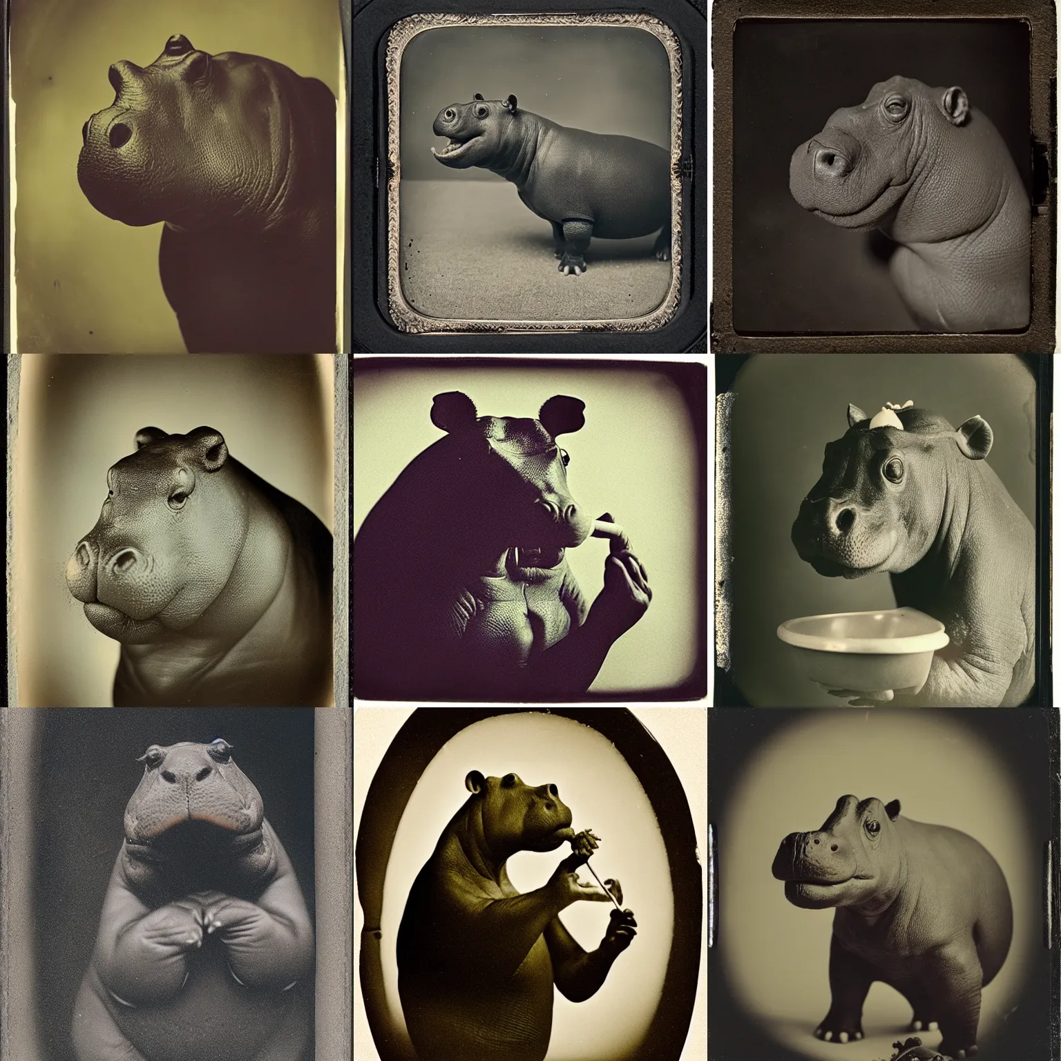 Prompt: commemorative 3 5 mm portrait of beloved hippo - crow entity brushing its teeth, tintype, hand - tinted