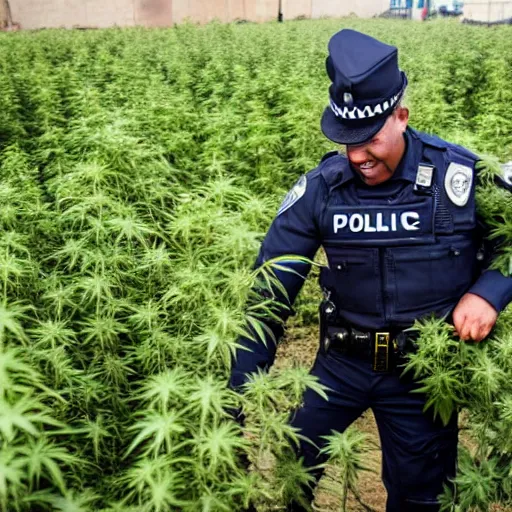 Image similar to police man harvesting weed with a smile, sharp, 8k, detailed face