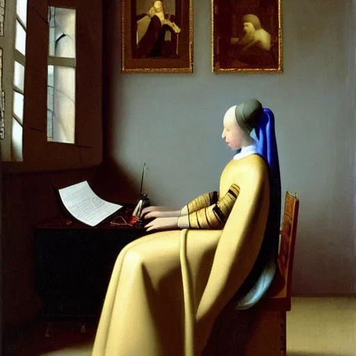 Image similar to painting of a royal female cosmonaut using a computer by Vermeer, Dutch Golden Age