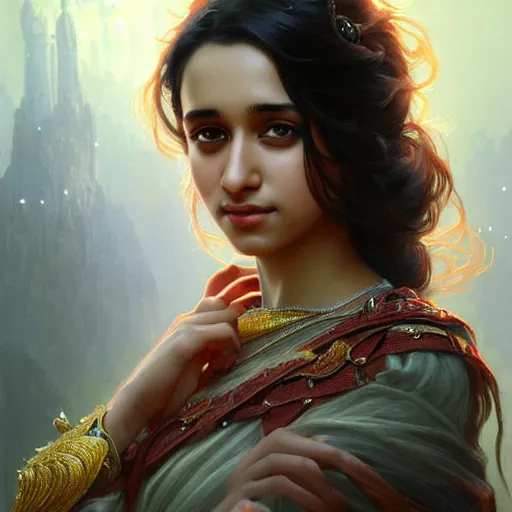 Image similar to beautiful young teen shraddha kapoor, closeup, d & d, fantasy, intricate, elegant, highly detailed, digital painting, artstation, concept art, matte, sharp focus, illustration, art by artgerm and greg rutkowski and alphonse mucha