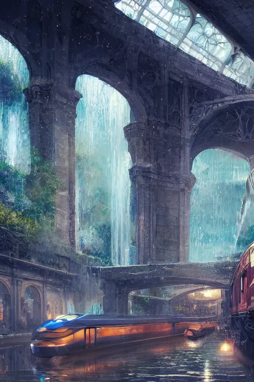 Image similar to An urban train rides inside of a waterway on a fantasy city, next to a fountain and a mystical palace,, waterfall, intricate, elegant, volumetric lighting, digital painting, highly detailed, artstation, sharp focus, illustration, concept art, ruan jia, steve mccurry