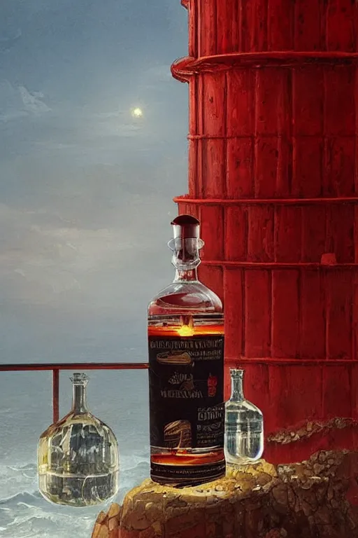 Prompt: imagine a ship in a bottle but instead of a ship there is a red and white lighthouse inside the bottle, very fancy whiskey bottle, masterpiece painting by greg rutkowski and jakub rebelka