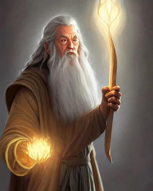 Image similar to Gandalf the grey casting a magic gigantic fork spell to summon army of electric forks, crimson led, glowing, D&D, fantasy, intricate, elegant, highly detailed, digital painting, artstation, concept art, matte, sharp focus, illustration, hearthstone, art by Artgerm and Greg Rutkowski and Alphonse Mucha