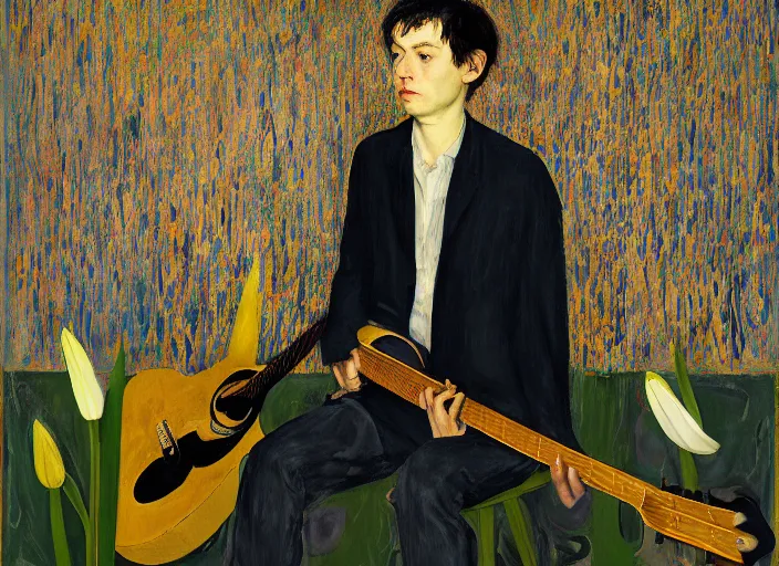 Image similar to portrait of nervous boy with in a room with an acoustic guitar standing next, wall paper field of lily's, hernan bas and pat steir and hilma af klint, psychological, photorealistic, dripping paint, washy brush, rendered in octane, altermodern, masterpiece