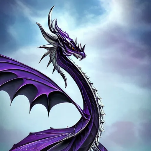 Image similar to a 128 foot tall elegant female silver western dragon with purple accents, having a 360 foot long wingspan; The scales smooth and streamlined, while having a sleek and sharp crest; two eyes bright blue; the snout sharp and pointed, yet sleek and elegant; close-up bust, high quality 16k digital art, deviantart, furaffinity
