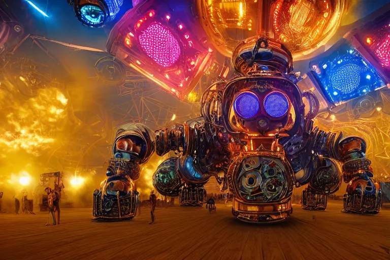 Image similar to scene is burning man festival, portrait photo of a stagediving giant huge golden and blue metal futuristic steampunk robot, with gears and tubes, eyes are glowing red lightbulbs, audience selfie, shiny crisp finish, 3 d render, 8 k, insaneley detailed, fluorescent colors, haluzinogetic, background is multicolored lasershow