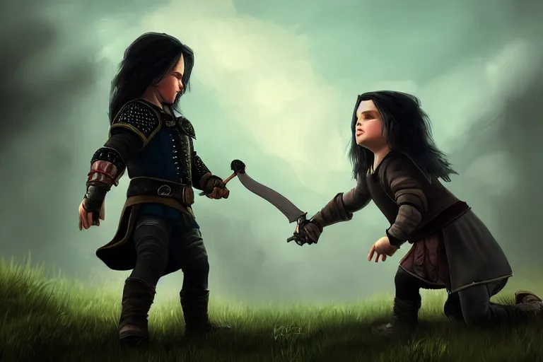 Image similar to Little Geralt and little Yennefer play together, Yennefer uses magic, digital art by greg rutkowsky, masterpiece, balanced colors HD