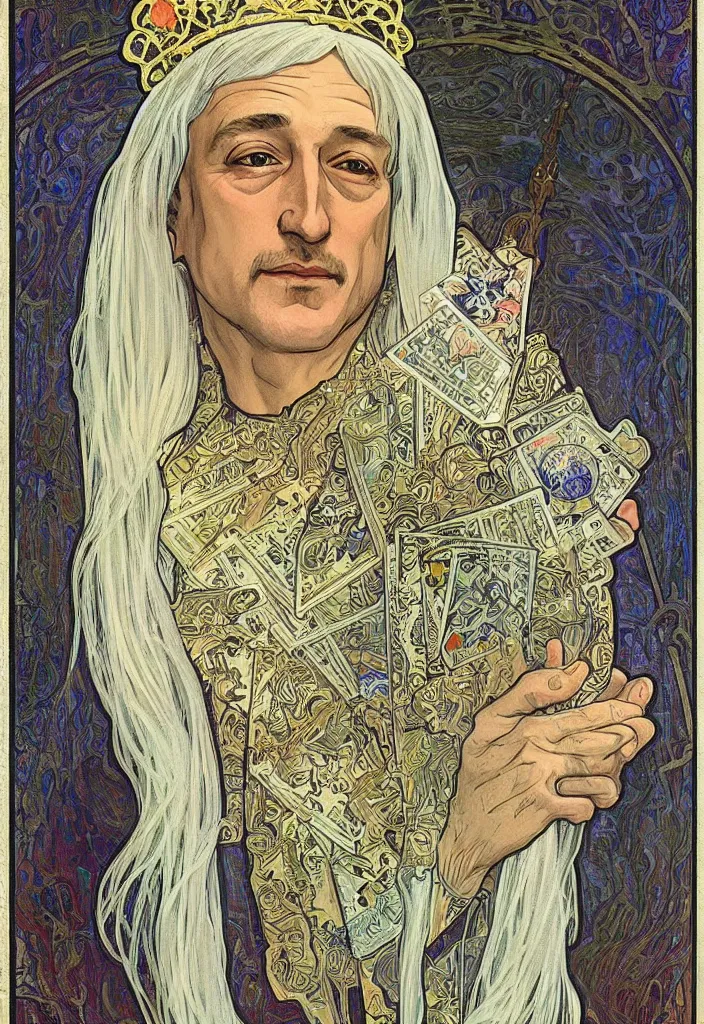 Image similar to realistic white - haired geoffrey hinton in a crown with neural networks on a tarot card, tarot in art style by alphonse mucha