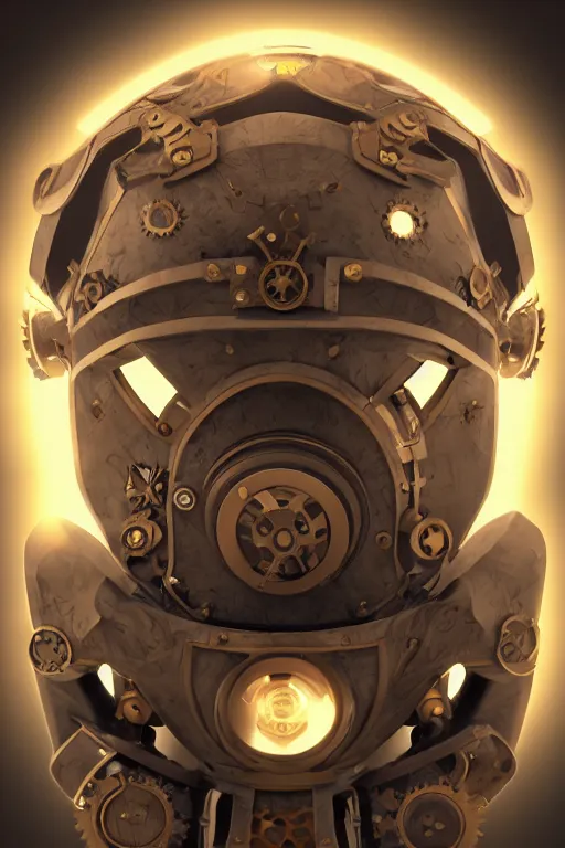 Image similar to steampunk mask minimalist fantasy art robot ninja helmet, global illumination ray tracing hdr fanart arstation by sung choi and eric pfeiffer and gabriel garza and casper konefal radiating a glowing aura