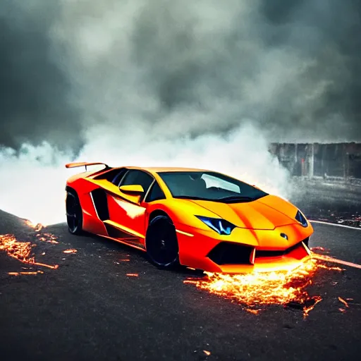 Image similar to a lamborghini aventador parked in a hellish fiery demon world, plumes of flame, scattered burning debris, acid rain, cinematic photography, film still, hd