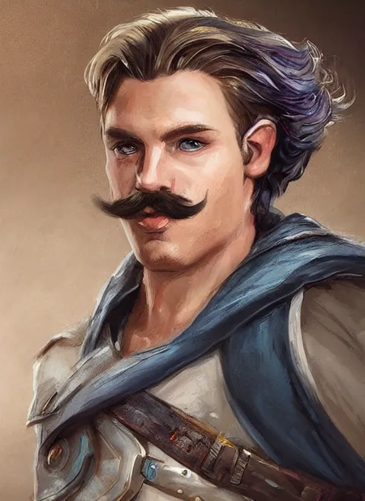 Image similar to tristan fulcher livedoce young man with short white fringe white hair and moustache, dndbeyond, bright, colourful, realistic, dnd character portrait, full body, pathfinder, pinterest, art by ralph horsley, dnd, rpg, lotr game design fanart by concept art, behance hd, artstation, deviantart, hdr render in unreal engine 5