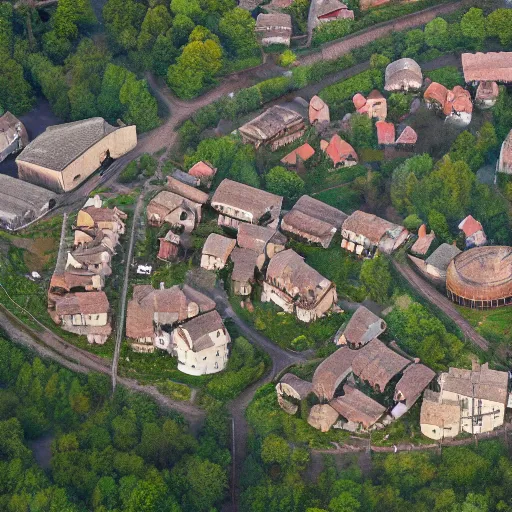 Image similar to Aerial establishing shot of a medieval village surrounded by circular wood palisade