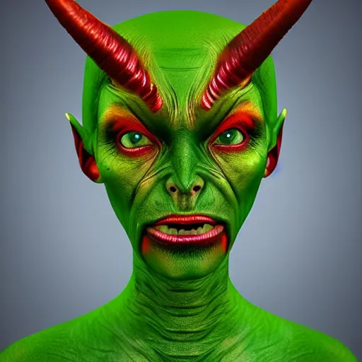 Image similar to realistic female alien, medium shot portrait, devil horns,,!!!!! human eyes!!!!!!, green body. red eyes, background flames