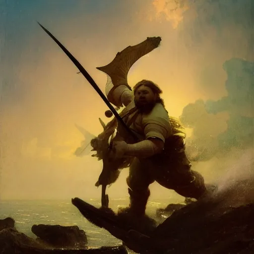 Image similar to art by ivan aivazovsky and syd mead and moebius and gaston bussiere and roger dean and pieter claesz and paul delaroche and alma tadema and aelbert cuyp and willem claesz, live action, a fantasy cinematic close up shot of a dwarf berserker firghting, warhammer, dnd, last stand