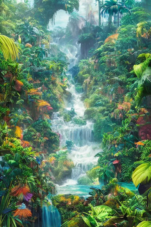 Image similar to aerial view of a colorful jungle with rivers and waterfalls, by artgerm, tom bagshaw, gerald brom, vaporwave colors, lo - fi colors, vaporwave, lo - fi, moody vibe, goth vibe, full body, rendered by substance designer,