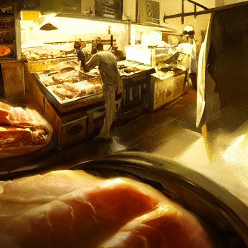 Prompt: low angle view of a butcher working, artwork by craig mullins, high details, octane, unreal engine, from below, worms - eye - view, close - up!!!!!