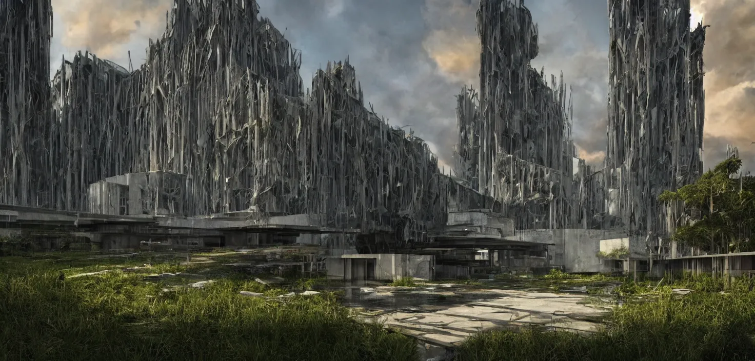 Prompt: a cathedral of brutalist architecture, surrounded by lush green vegetation, stunning volumetric lighting, sunset, metal, concrete, translucent material, stunning skies, scattered rubbish and debris, 8k, photorealistic, hyper detailed, unreal engine 5, IMAX quality, cinematic, epic lighting, digital painting in the style of DOOM and Quake, by Greg Rutkowski, trending on Artstation