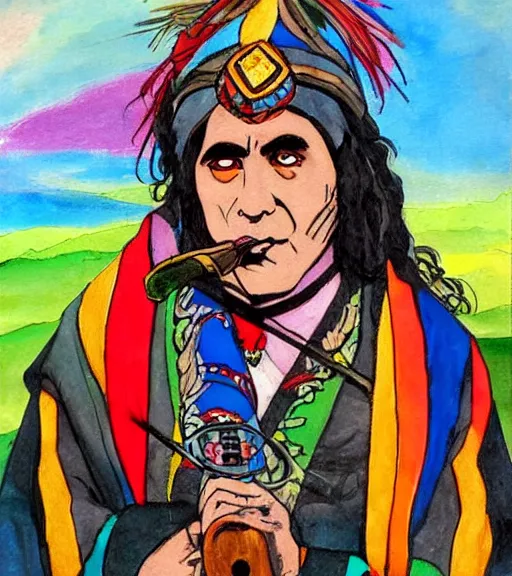 Image similar to Painting in a style of Lord of the rings of a shaman dressed in a colorful traditional clothes. He is smoking a pipe