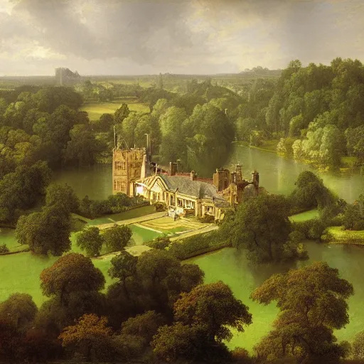 Image similar to aerial view of english stately home, lawns, gardens, lake, woodland, fantasy, carl spitzweg, g liulian, david curtis, christophe vacher, james paick