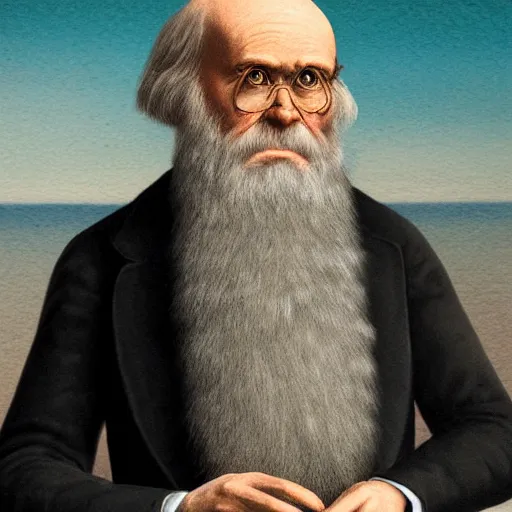 Image similar to charles darwin in a bikini realistic 4 k photograph