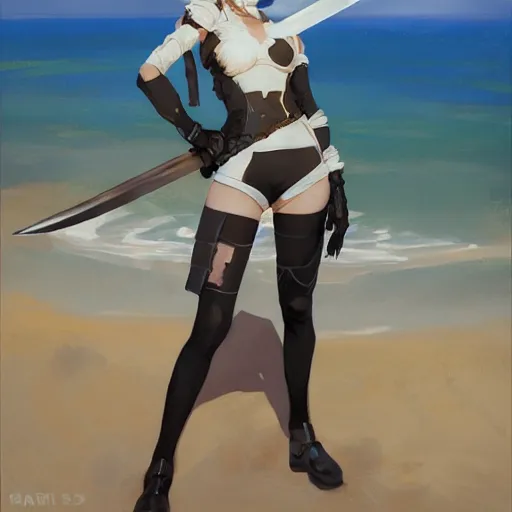 Image similar to greg manchess portrait painting of 2 b nier automata as tracer from overwatch on the beach holding a sword, organic painting, sunny day, matte painting, bold shapes, hard edges, street art, trending on artstation, by huang guangjian and gil elvgren and sachin teng