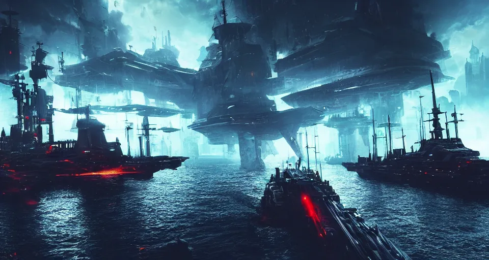 Prompt: sci-fi warship in a cyberpunk medieval gothic dark-ages city, rich contrast, sci-fi warships in the lightning-storm sky, feeling of grimdark and gothic horror, explosions and fire, hyperrealistic, octane render, unreal engine, Cryengine 8k UHD