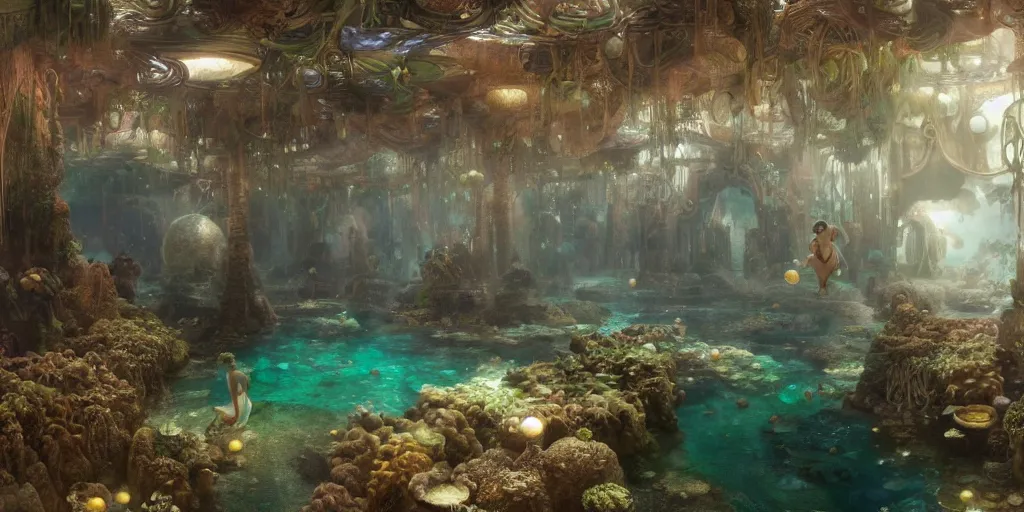 Prompt: hyper realist matte digital painting of an underwater city, underwater photography, jugendstill, floating in water, bubbles rising, seaweed, fairytale, fantasy art, photo realistic, dynamic lighting, artstation, volumetric lighting, by mucha, by alma tadema