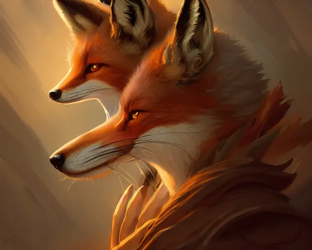 Image similar to fox fox fox fox fox with a hint of fox, deep focus, d & d, fantasy, intricate, elegant, highly detailed, digital painting, artstation, concept art, matte, sharp focus, illustration, hearthstone, art by artgerm and greg rutkowski and alphonse mucha