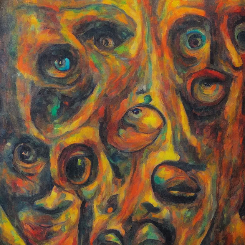 Image similar to highly strange recursive painting of wondering faces looking at each other detailed and highly reliefed oil painting with canvas texture in style of Magritte, Sascha Schneider, Giorgio de Chirico, Pollock photorealistic, surrealistic, masterpiece, balanced composition, natural colors