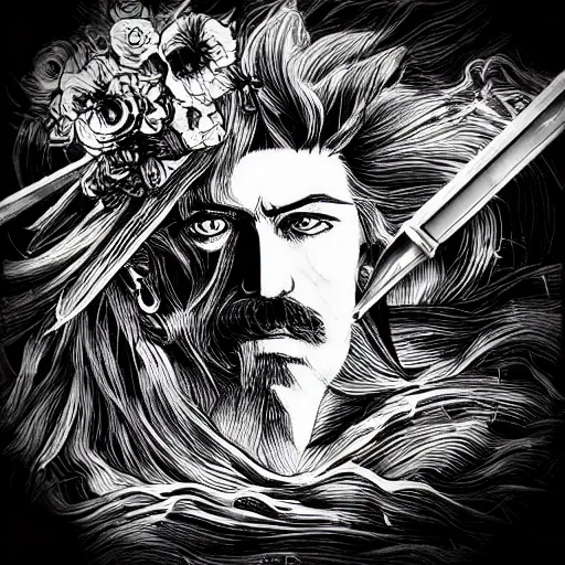 Prompt: black and white pen and ink!!!! aesthetic instagram artstation trending royal! nordic goetic Raiden x Frank Zappa golden!!!! Vagabond!!!! floating magic swordsman!!!! glides through a beautiful!!!!!!! floral!! battlefield dramatic esoteric!!!!!! pen and ink!!!!! illustrated in high detail!!!!!!!! by Junji Ito and Hiroya Oku!!!!!!!!! graphic novel published on 2049 award winning!!!! full body portrait!!!!! action exposition manga panel black and white Shonen Jump issue by David Lynch eraserhead and Frank Miller beautiful line art Hirohiko Araki
