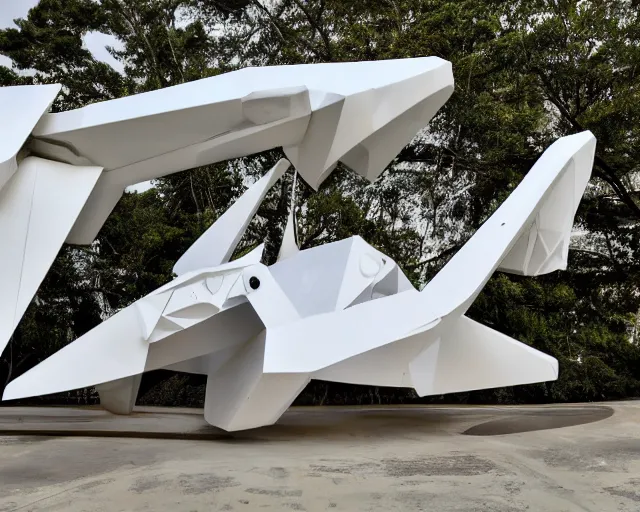 Prompt: photo of white minimalist abstract cubist sculpture of curvy spaceship with random small mecha mayan decorations, covered with few large white airplane parts with windows and doors and lights inside, gigantic size, sunset lighting