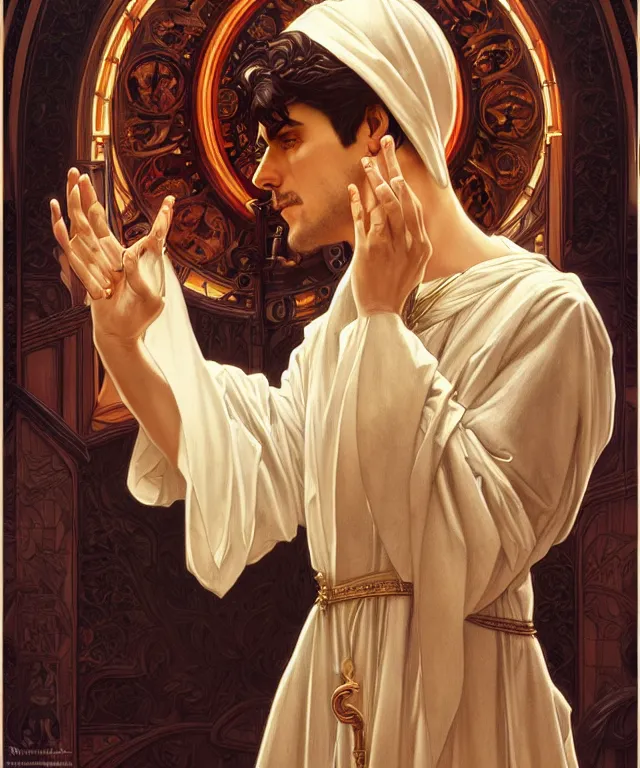 Image similar to a greedy preacher, an evil Catholic priest, portrait, intricate, elegant, highly detailed, 20mm film, art by artgerm and greg rutkowski and alphonse mucha