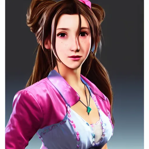 Image similar to mid-close portrait of Aerith Gainsborough in the style of GTA-5 loading screen art