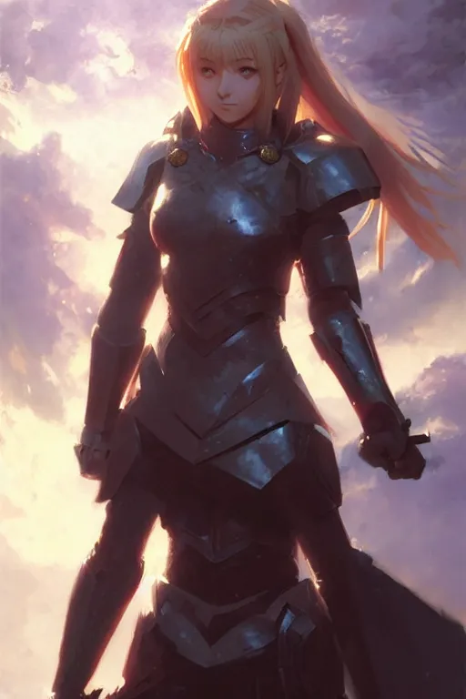 Prompt: epic pretty young girl saber fate stay night, portrait in armour by greg rutkowski and craig mullins