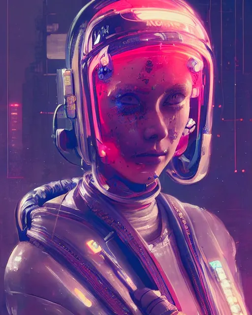 Image similar to detailed portrait Neon spacesuit Girl, cyberpunk futuristic neon, reflective, decorated with traditional Japanese ornaments by Ismail inceoglu dragan bibin hans thoma greg rutkowski Alexandros Pyromallis Nekro Rene Maritte Illustrated, Perfect face, fine details, realistic shaded, fine-face, pretty face