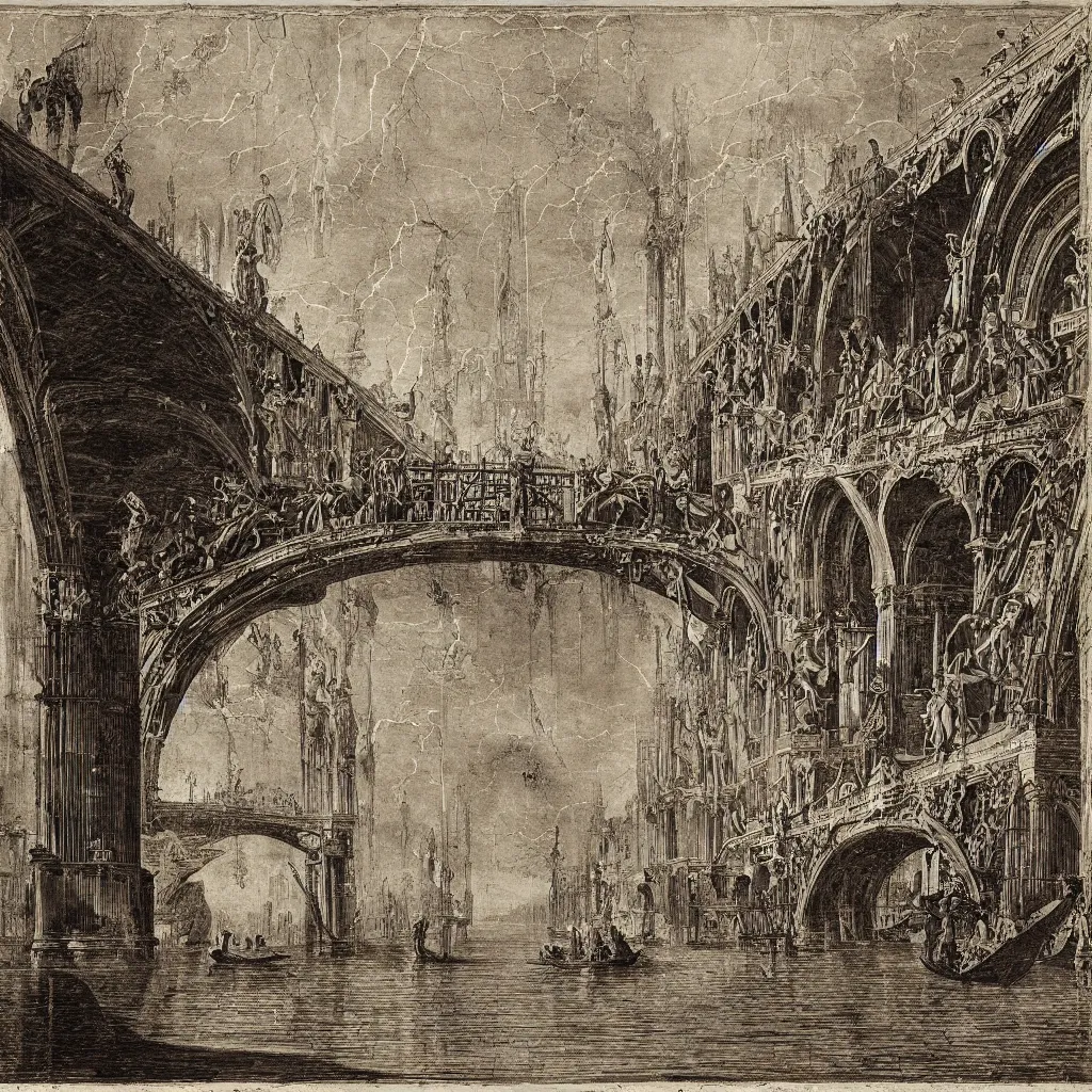 Prompt: oniric dream of the bridges of venice by piranesi, composition, cinematic, rule, grid