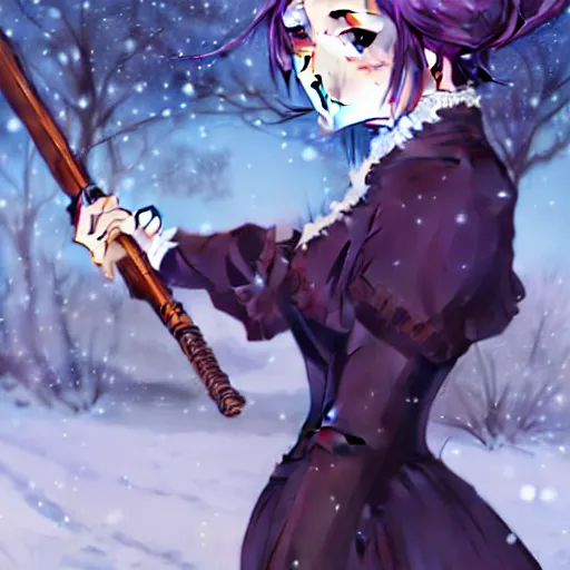 Image similar to wearing full clothing in full clothing victorian dress, beautiful anime woman, purple hair, red eyes, weapon, steampunk, symmetrical face, symmetrical eyes, full round face, short smile, detailed, winter setting, cinematic lighting, medium shot, mid - shot, makoto shinkai, artgerm, ilya kuvshinov, loish