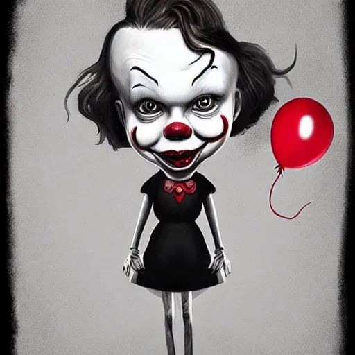 Prompt: surrealism grunge cartoon portrait sketch of millie bobby brown with a wide smile and a red balloon by - michael karcz, loony toons style, pennywise style, horror theme, detailed, elegant, intricate