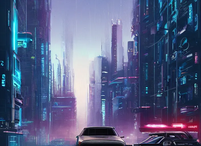 Image similar to a car driving down a street next to tall buildings, cyberpunk art by Vincent Lefevre, cgsociety, retrofuturism, matte painting, reimagined by industrial light and magic