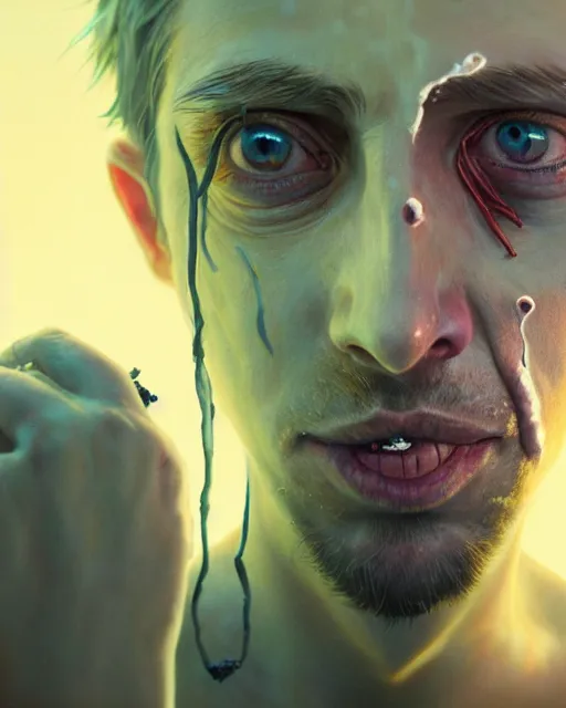 Image similar to highly detailed surreal vfx portrait of a crack cocaine heroin addict, eye bags, grime, unkempt, depression stephen bliss, unreal engine, greg rutkowski, loish, rhads, beeple, makoto shinkai and lois van baarle, ilya kuvshinov, rossdraws, tom bagshaw, alphonse mucha,