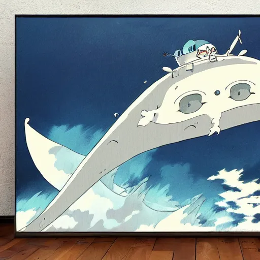 Image similar to huge white space whale, Miyazaki style, Studio Ghibli,moving castle, canvas, oil, animation, ultra details