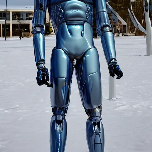 Image similar to made of ice, a realistic detailed photo of a guy who is an attractive humanoid who is half robot and half humanoid, who is a male android, on display, blank stare, showing off his muscles, shiny skin, posing like a statue, by the pool, frozen ice statue, f 1 driver pierre gasly, humanoid robot