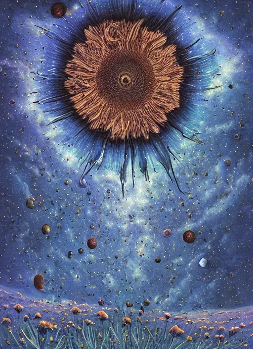 Image similar to detailed, intricate blue black and purple papaverum flower on the field, nebula, galaxy in the sky, winning award masterpiece, fantastically beautiful, illustration, aestheticly inspired, jacek yerka, upscale with anguissola sofonisba work, artstation, 8 k