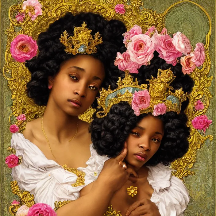 Image similar to highly detailed venetian rococo portrait of a black princess wearing a crown, golden jewels, pastel flowery background, volumetric lighting, flowers, fantasy, realistic, symmetrical face, digital illustration, art by krenz cushart, alphonse mucha, kehinde wiley, artem demura