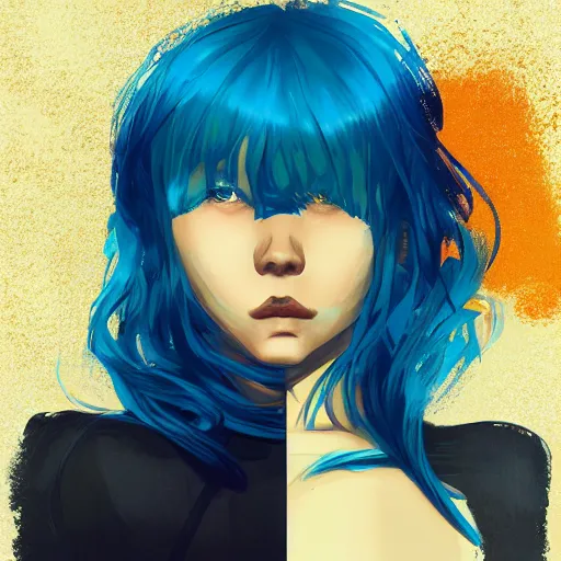 Image similar to ilya kuvshinov with long sky blue hair, gold eyes, amber eyes, boy face, professional digital painting, concept art, award - winning photography, cinematic, wlop, color block, pop, hip, art by andy warhol, pixiv art, yoshitaka amano