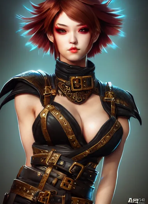 Image similar to rogue, fantasy ornate leather bandit outfit!!! close - up portrait beautiful and athletic short hair female!! gorgeous face and eyes!! character concept art, sharp focus, octane render! unreal engine 5! highly rendered!! trending on artstation!! detailed linework!! illustration by artgerm, wlop, and chie yoshii