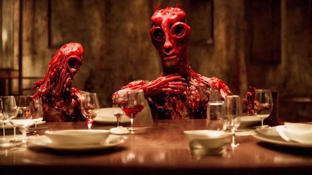 Prompt: the strange creature in a restaurant, made of blood and water, film still from the movie directed by Denis Villeneuve with art direction by Salvador Dalí,