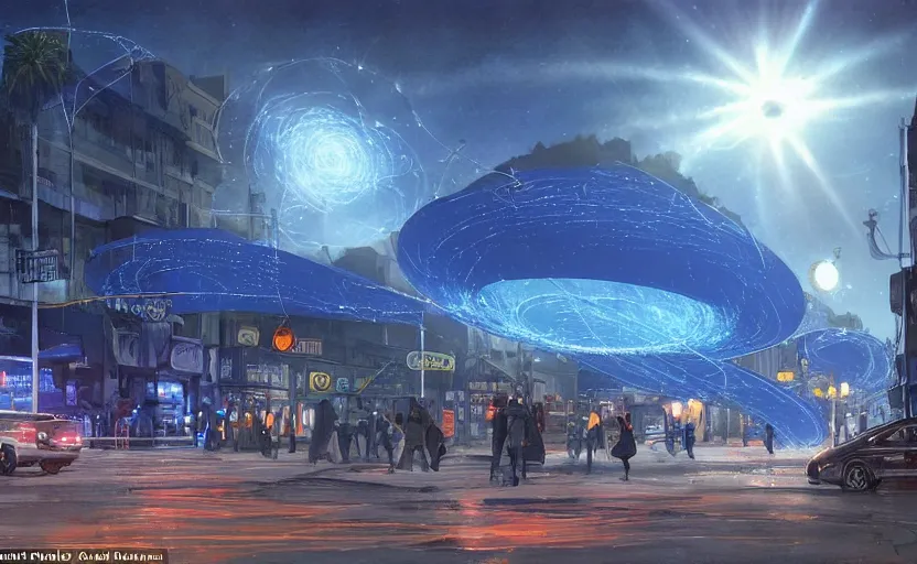 Image similar to people with posters attacking cops, a huge blue spiral - shaped white luminous attractor is floating on the horizon near the sun, stores in los angeles with light screens all over the street, concept art, art for the game, professional lighting, dark night lighting from streetlights, by ilya repin