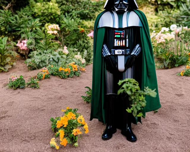 Prompt: 8 5 mm photography of darth vader in an avocado costume near a garden with sand with dof and bokeh and flowers